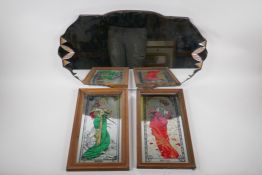 A pair of vintage reverse painted mirrors depicting two of the seasons, and an Art Nouveau style