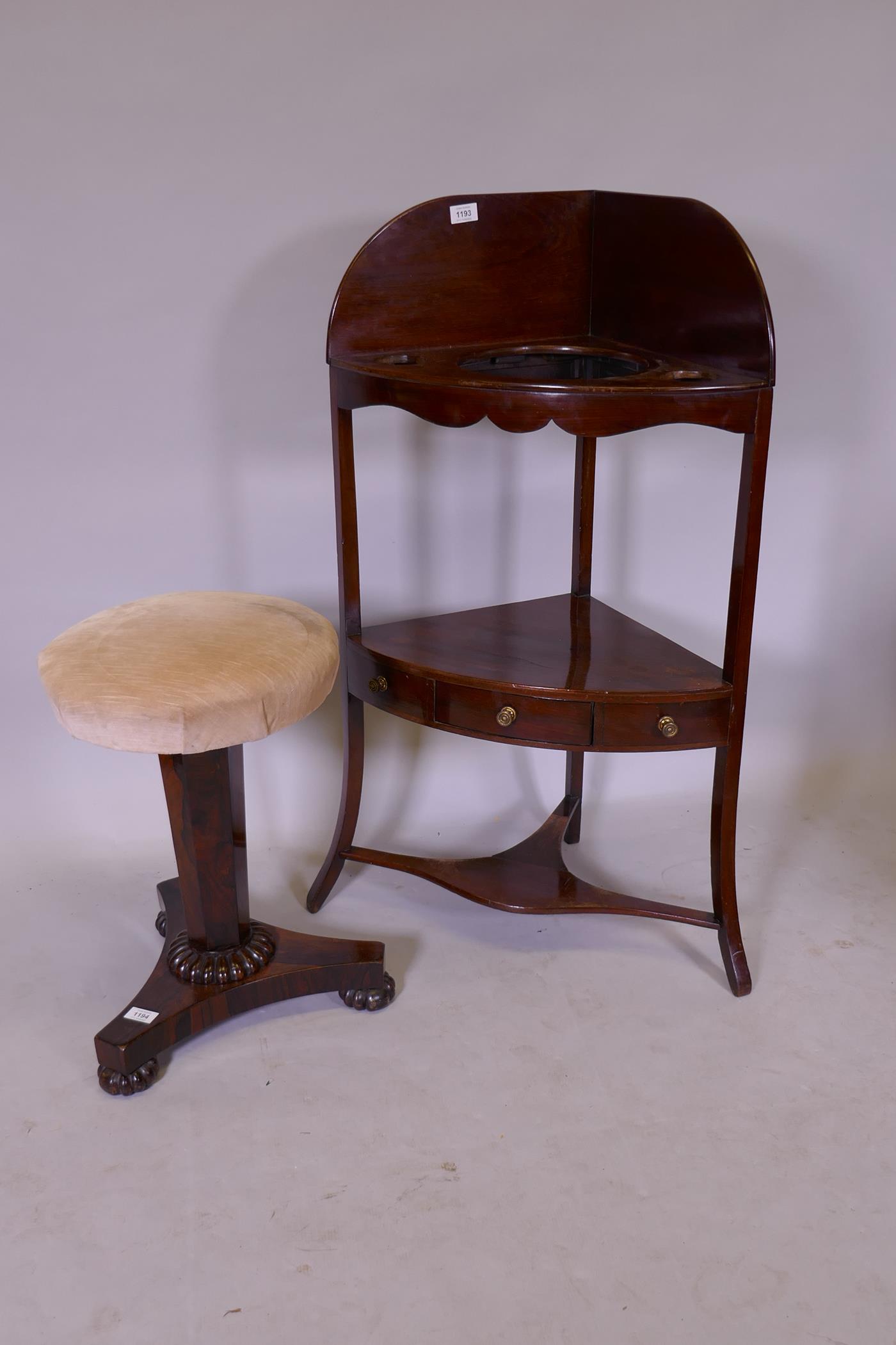 A Victorian mahogany corner washstand with single drawer and splashback raised on sabre supports, - Image 2 of 3