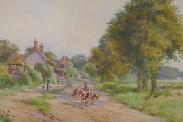 Henry Charles Fox, (British, 1855-1929), farmer and his cattle on a rural lane, 1909, watercolour,