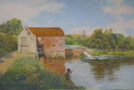 George Rogers, man fishing by a watermill, signed oil on canvas, detailed verso Old Mill Stour,