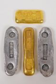 Two Chinese gilt metal trade tokens/ingots, and a pair of similar white metal ingots, longest 10cm