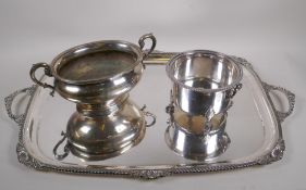 A large silver plated serving tray with cast handles and gadrooned border, 62cm x 49cm, a silver