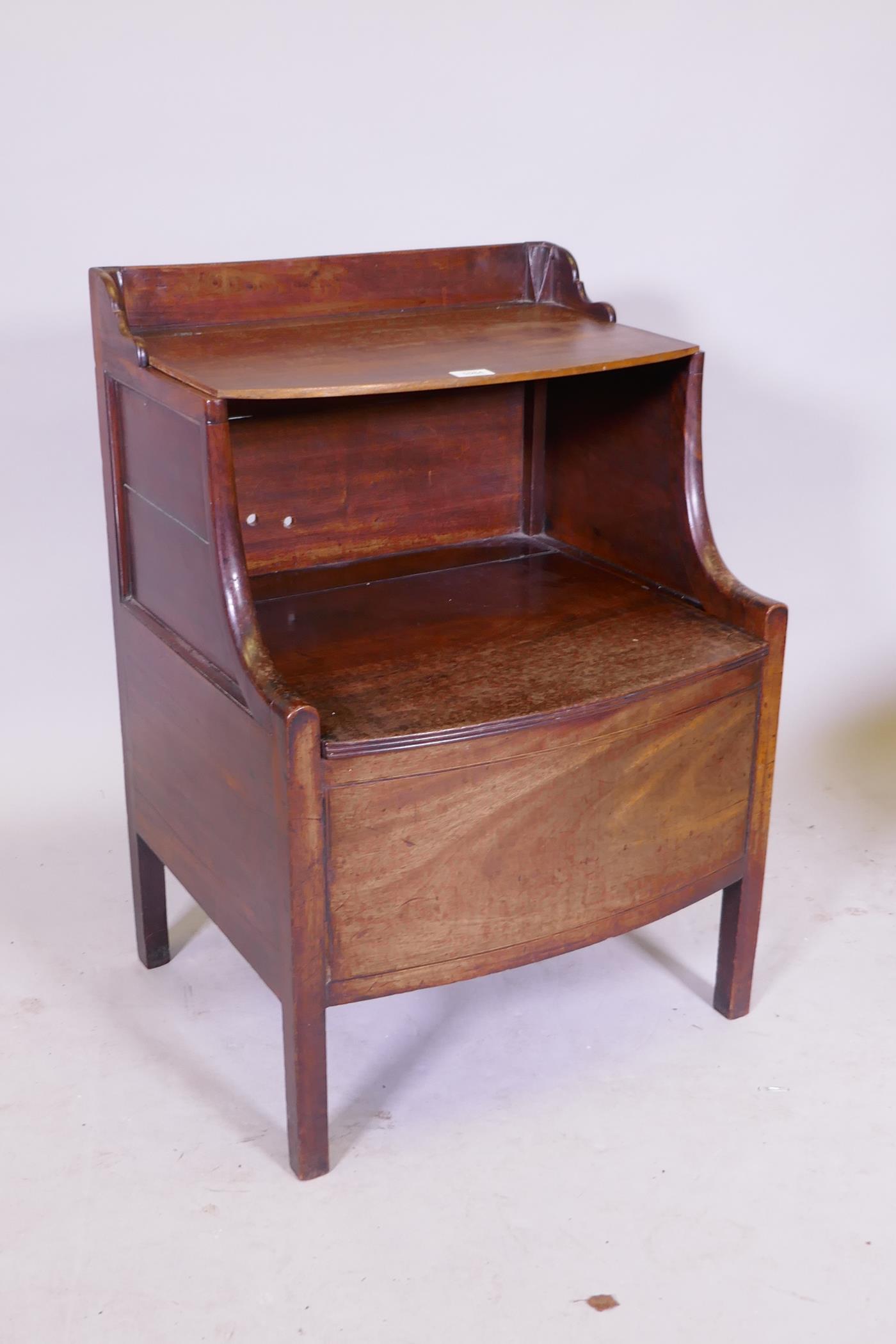 A Georgian mahogany Gillows style bedside bowfront commode, with banded inlay, adapted, 57cm x 50cm,