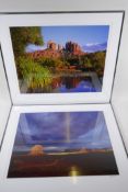 A pair of American landscape photographs depicting red rock spires/pillars, indistinctly pencil