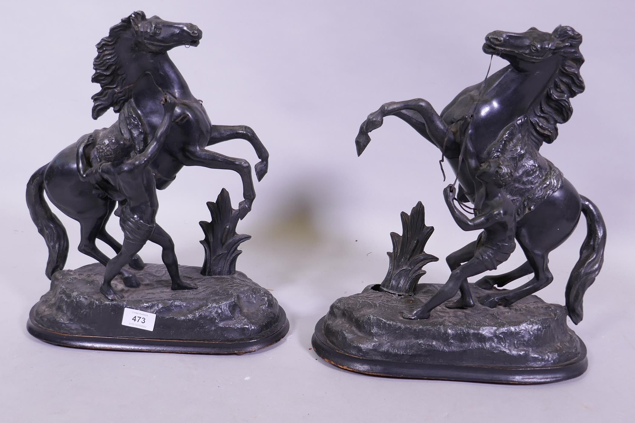 A pair of C19th painted spelter Marly horses, 40cm high, AF