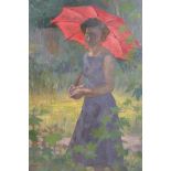 Portrait of a young lady with a parasol in a garden, signed Michael Cadman, also signed verso, dated