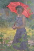 Portrait of a young lady with a parasol in a garden, signed Michael Cadman, also signed verso, dated