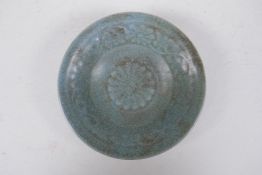 A Chinese Song style celadon crackle glazed porcelain bowl, with incised character marks to base,