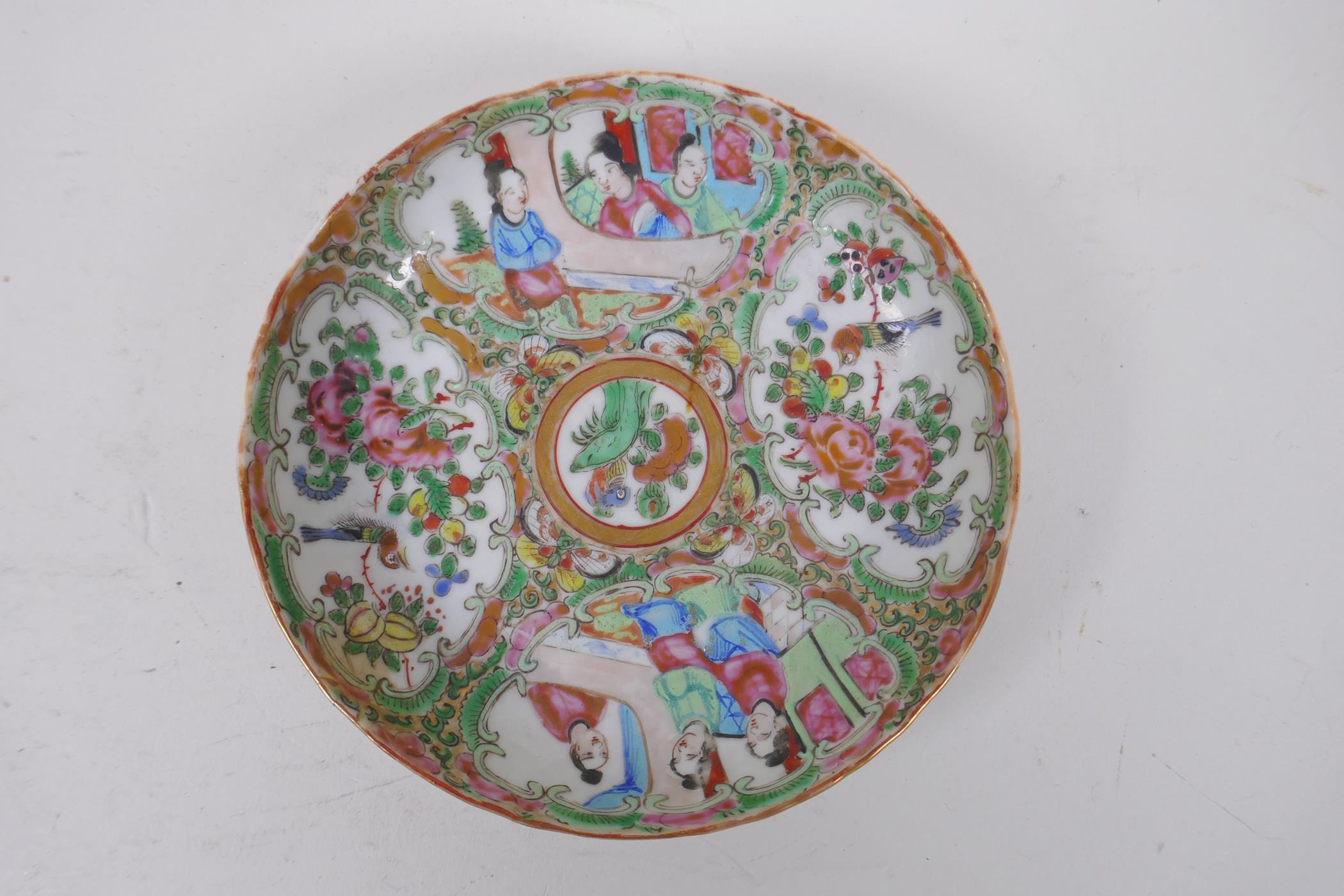 A C19th Canton enamelled porcelain saucer with figural decoration, a C19th famille rose saucer - Image 2 of 8