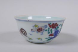 A Doucai porcelain chicken bowl, Chinese Chenghua 6 character mark to base, 9cm diameter