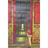 A Chinese painting of a child in traditional dress by a a temple doorway, oil on canvas,