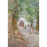 E.M. Petherick, garden scene with figures on a path, oil on card, signed, 28 x 40cm