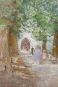 E.M. Petherick, garden scene with figures on a path, oil on card, signed, 28 x 40cm
