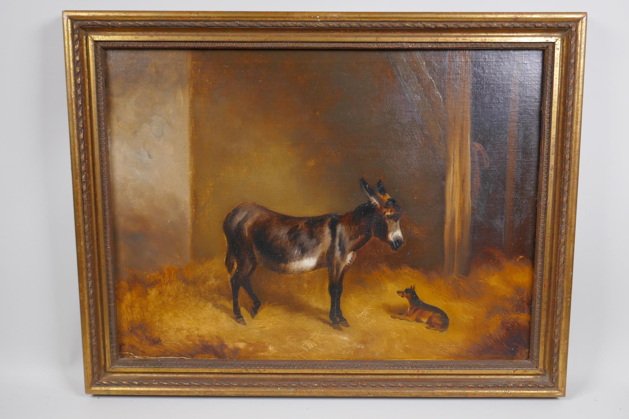 Thos. Whaite, stable interior with dog and donkey, signed Whaite, oil on canvas, 26 x 50cm - Image 2 of 3