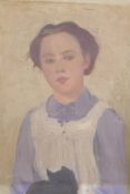 A late C19th/early C20th portrait of a girl with a black cat, unframed oil on canvas, 30 x 41cm
