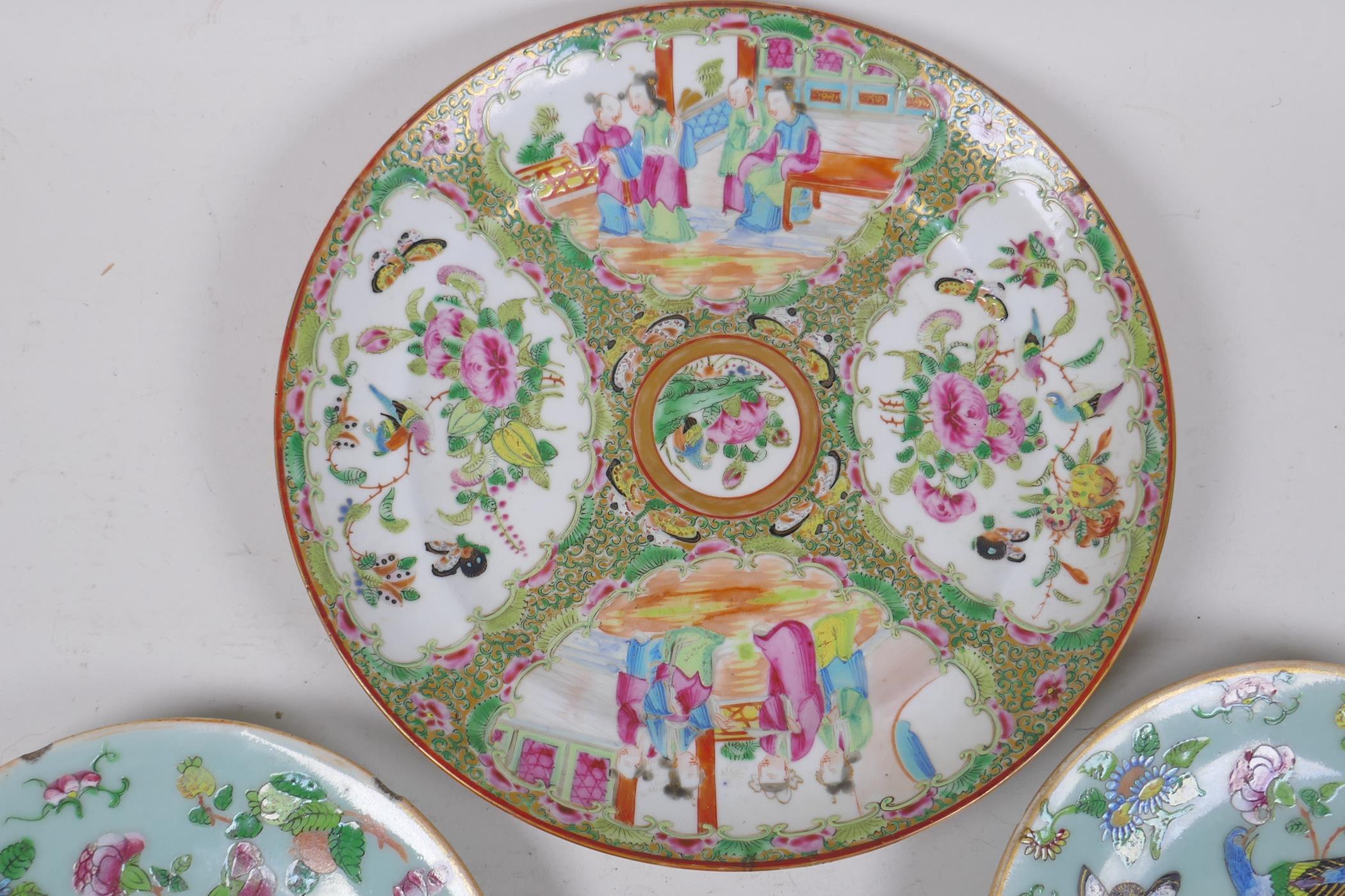 A C19th Cantonese export famille rose plate, 24m diameter, and two celadon glazed plates with enamel - Image 2 of 7