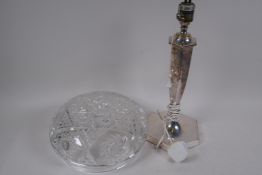 A hallmarked silver table lamp, Sheffield 1961, 38cm high, and a cut crystal glass lamp shade, 23.