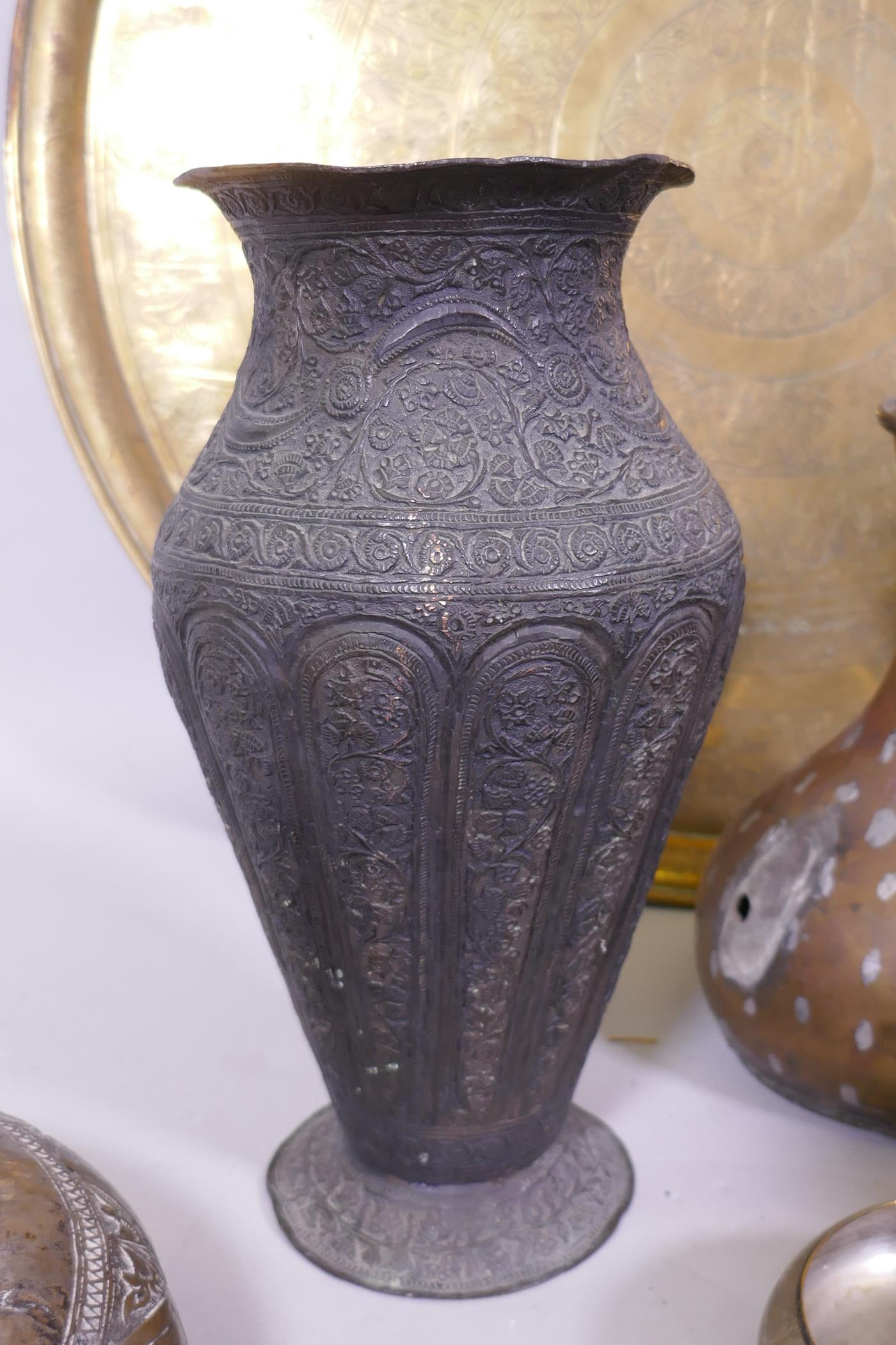 A collection of antique Middle Eastern and Indian metal ware, including an Egyptian brass tray, 57cm - Image 6 of 6