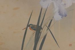 An early C20th Japanese woodblock print of a kingfisher amongst irises, with hand finished