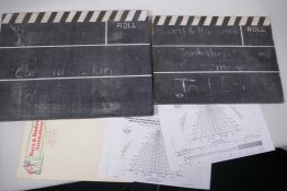 Bura and Harding Animations, two clapper boards c1950, and other paperwork