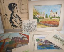 Vilbois, a folio of unframed watercolours, drawings and sketches