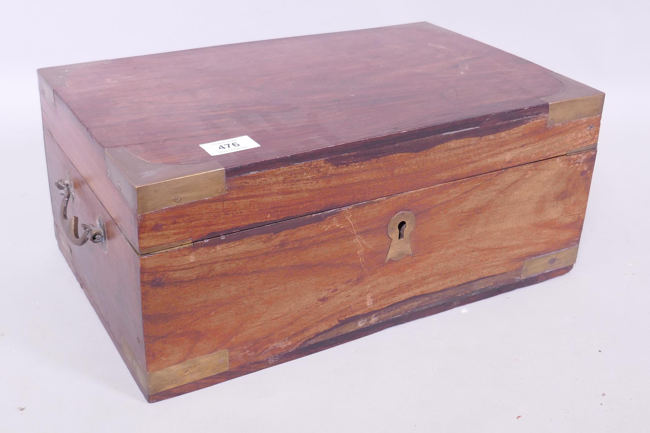 An Anglo Indian teak writing/vanity box, with campaign style brass mounts, 42 x 26 x 18cm - Image 2 of 5