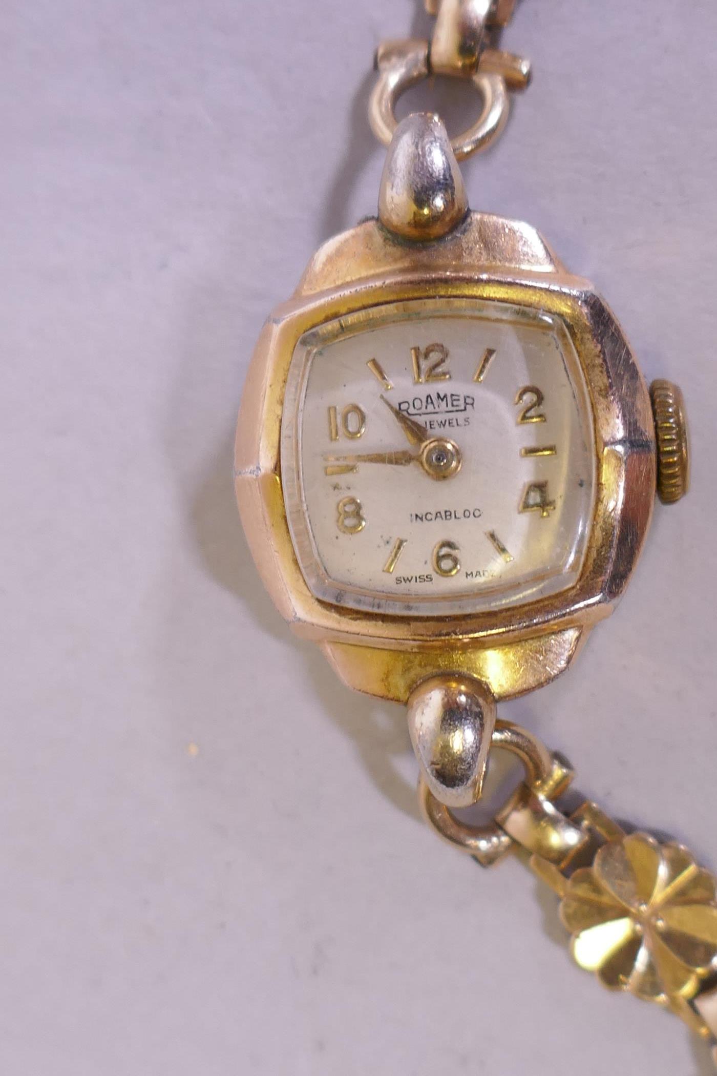 A Roamer Incabloc gold plated lady's cocktail watch on a 9ct gold link bracelet, bracelet approx 6gm - Image 3 of 3