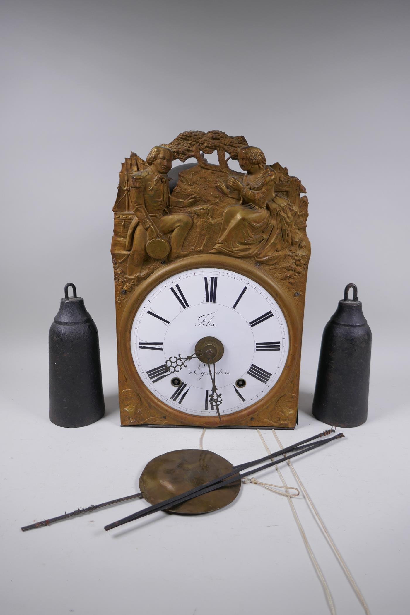 An early C19th French comtoise clock with repousse brass surround, enamel dial