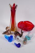 A Murano glass organic form vase, 30cm high, a red bubble glass bowl, a snail paperweight and six