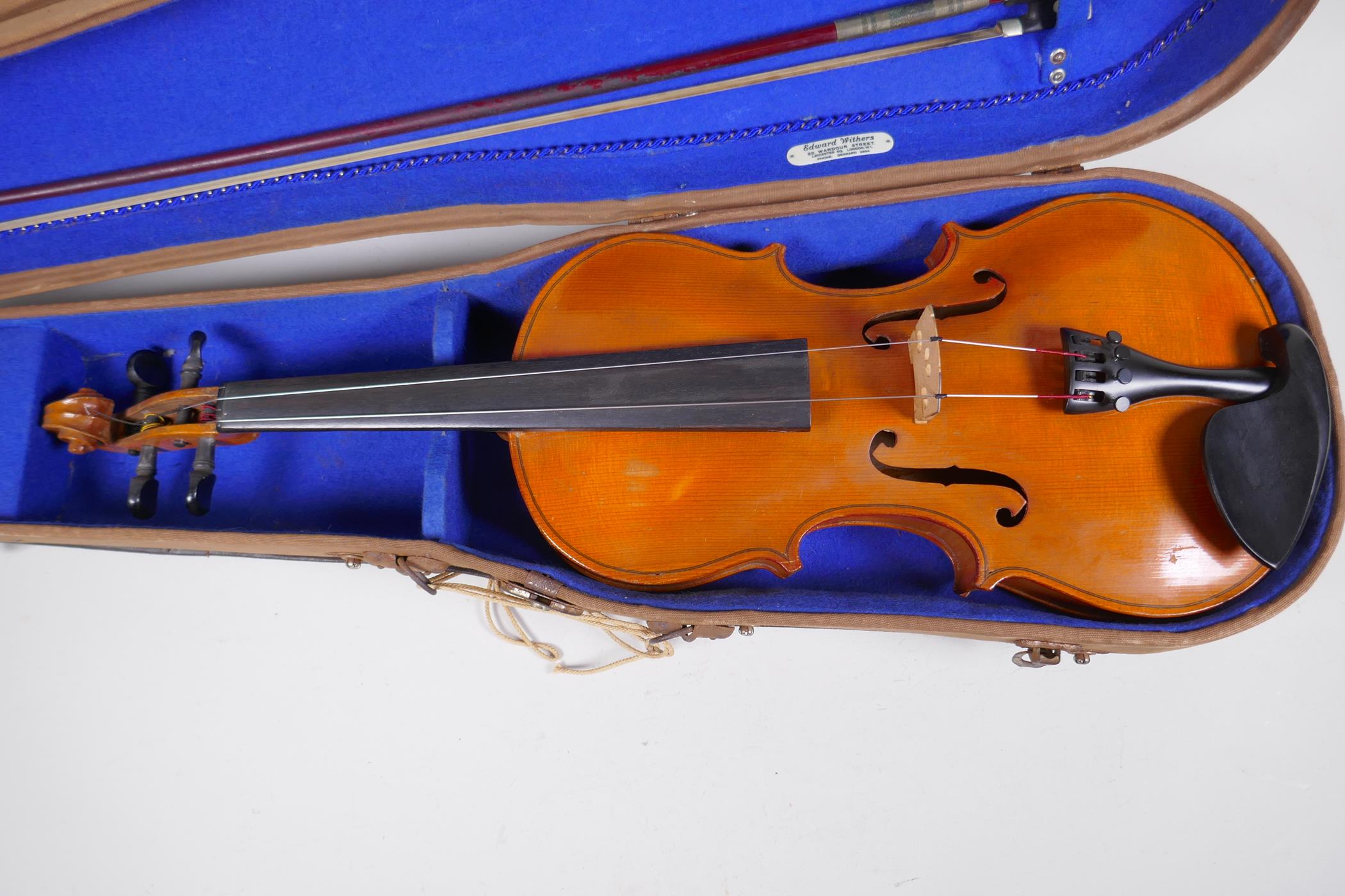 A Stainer violin with two piece back, stamped Stainer and patent No 23140, with bow in fitted hard - Image 2 of 8