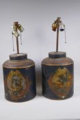 A pair of toleware tea cannister lamps with painted decoration, 57cm high