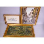 A gilt and walnut picture frame, aperture 88 x 40cm, and a gilt frame, 64.5 x 51cm, and another,