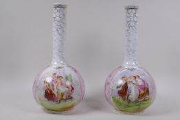 A pair of Continental bottle vases with classical decoration and gilt highlights, 34cm high