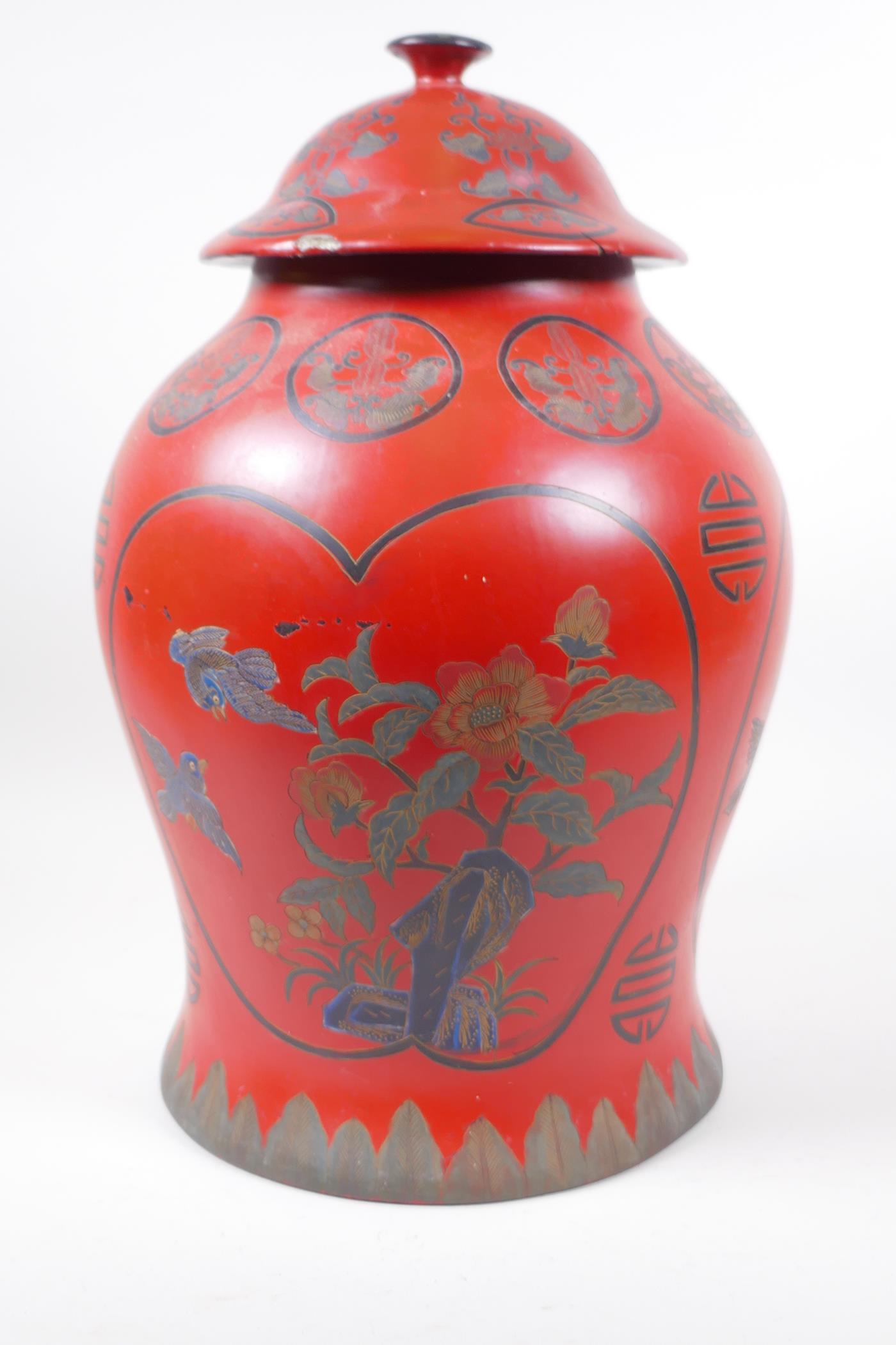 A Chinese lacquered jar and cover decorated with birds amongst flowering trees, and symbols, 41cm - Image 4 of 4