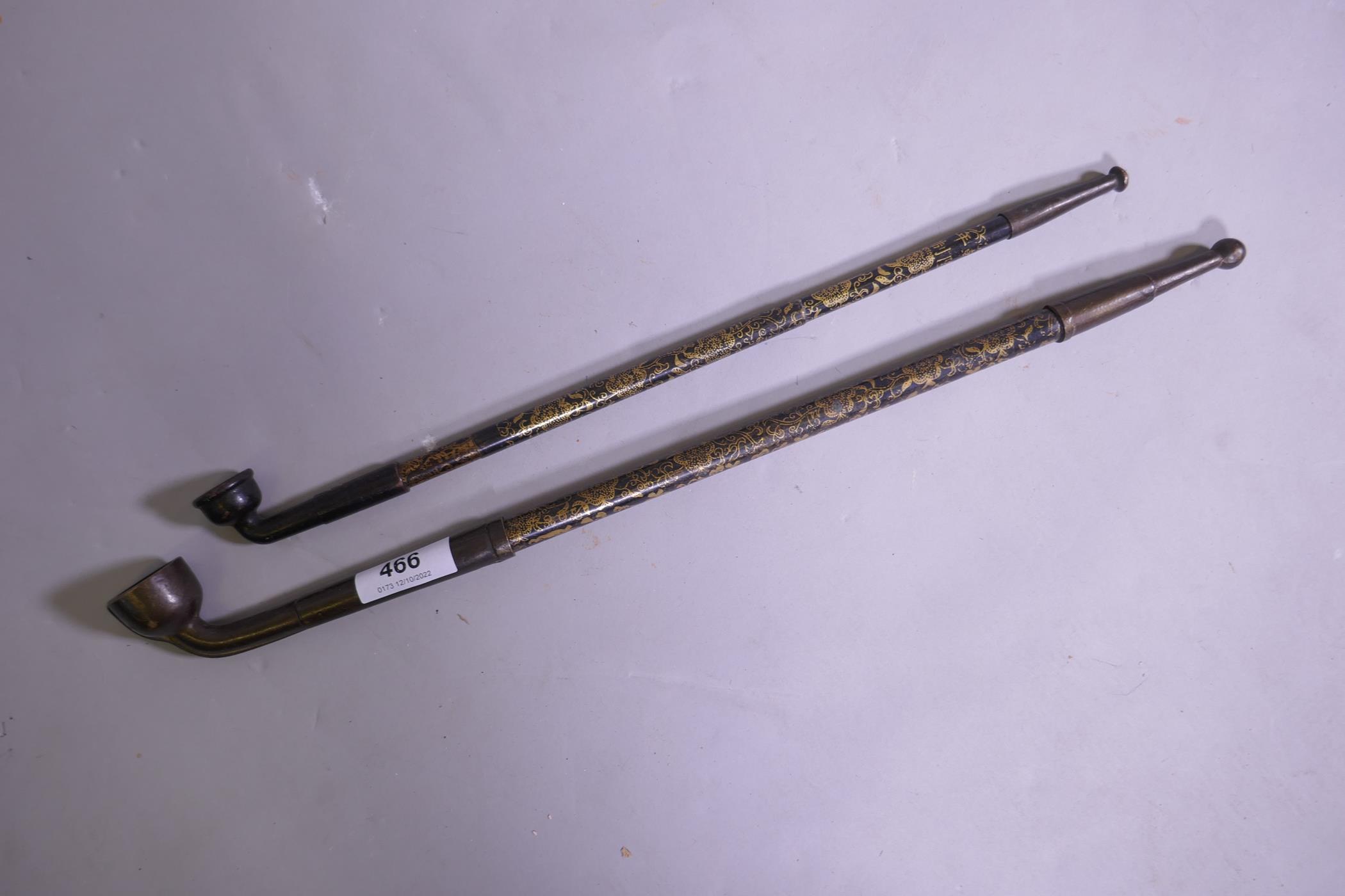 A Chinese opium pipe with gilt decorated shaft and another similar, 47cm long - Image 2 of 4