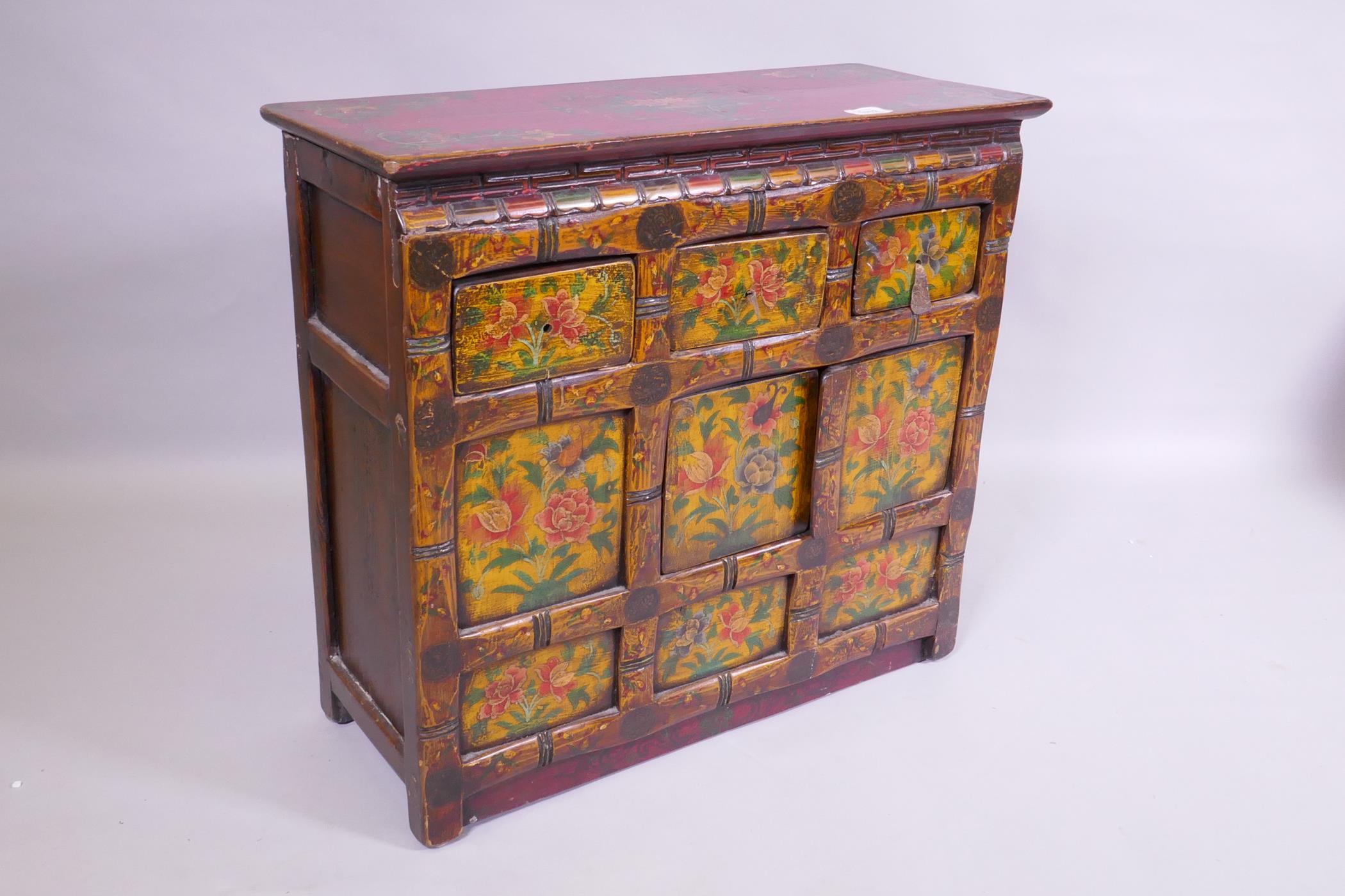 An oriental painted hardwood side cabinet with an imitation bamboo frame, 66 x 28cm, 60cm high - Image 2 of 3