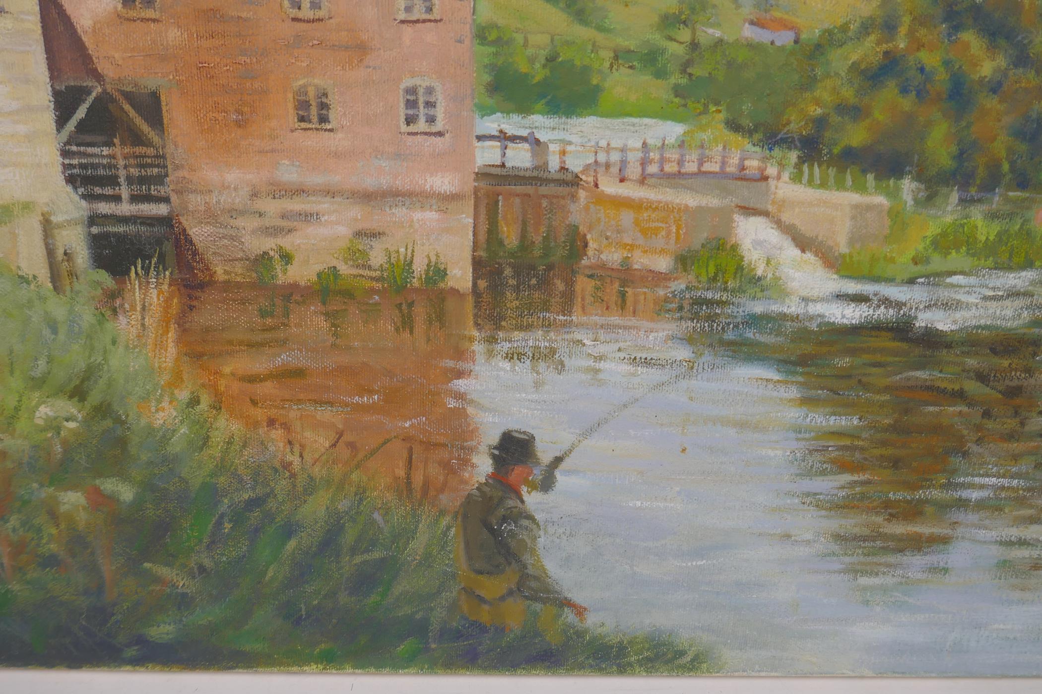 George Rogers, man fishing by a watermill, signed oil on canvas, detailed verso Old Mill Stour, - Image 2 of 4