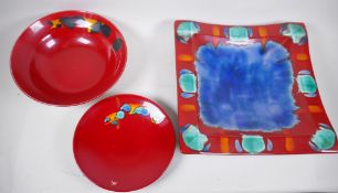 A Poole Pottery Odyssey pattern shallow bowl, 42cm square, and two bowls, 32 and 27cm,