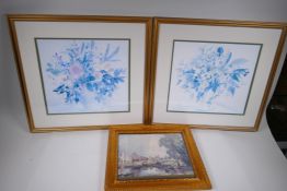 A pair of gilt framed prints, 51 x 48cm, and a smaller frame, 31.5 x 27cm