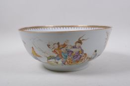 A C19th Chinese polychrome porcelain bowl decorated with figures on horseback, their attendants