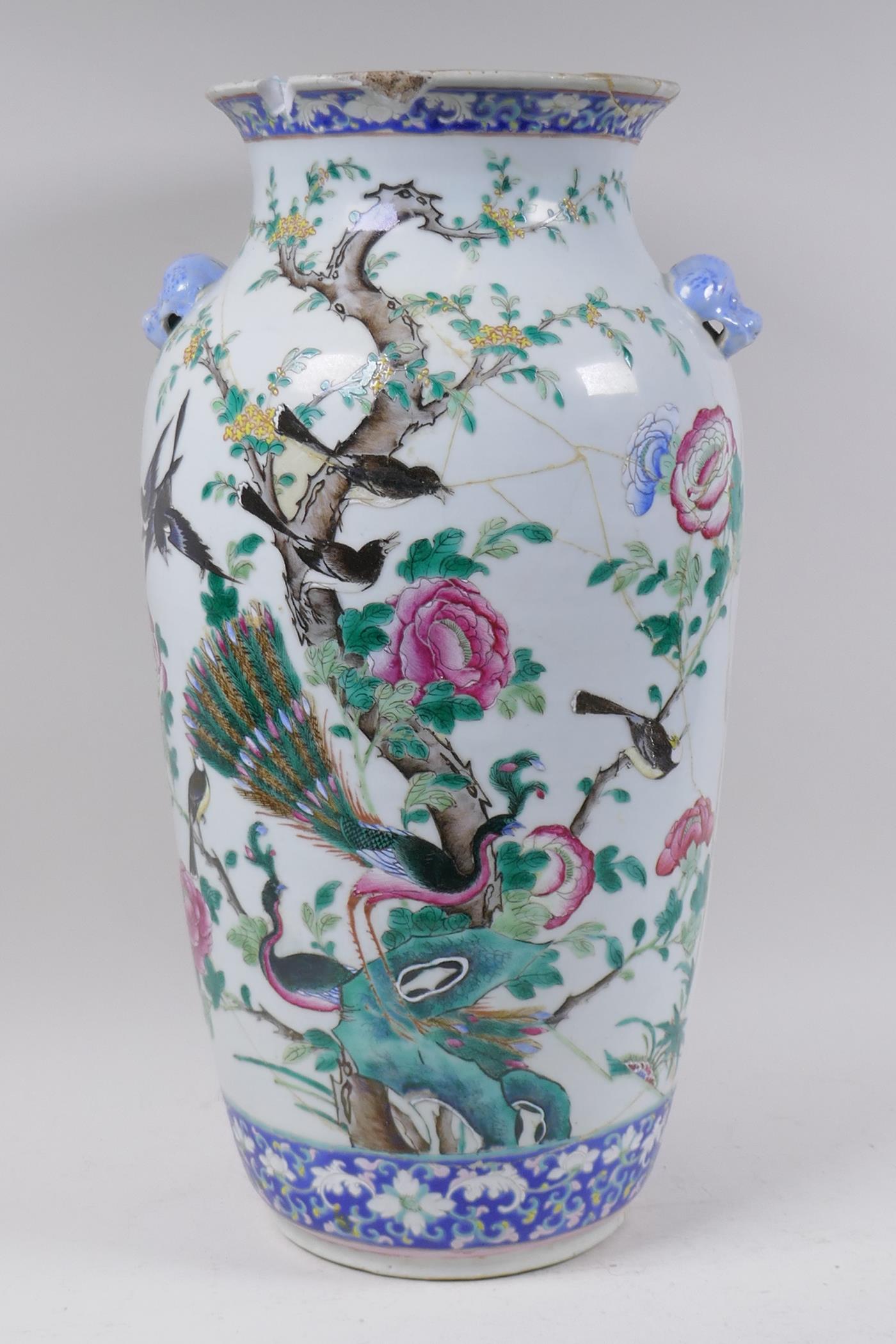 An antique Chinese vase with famille verte enamel decoration of peacocks and magpies, broken and - Image 3 of 5