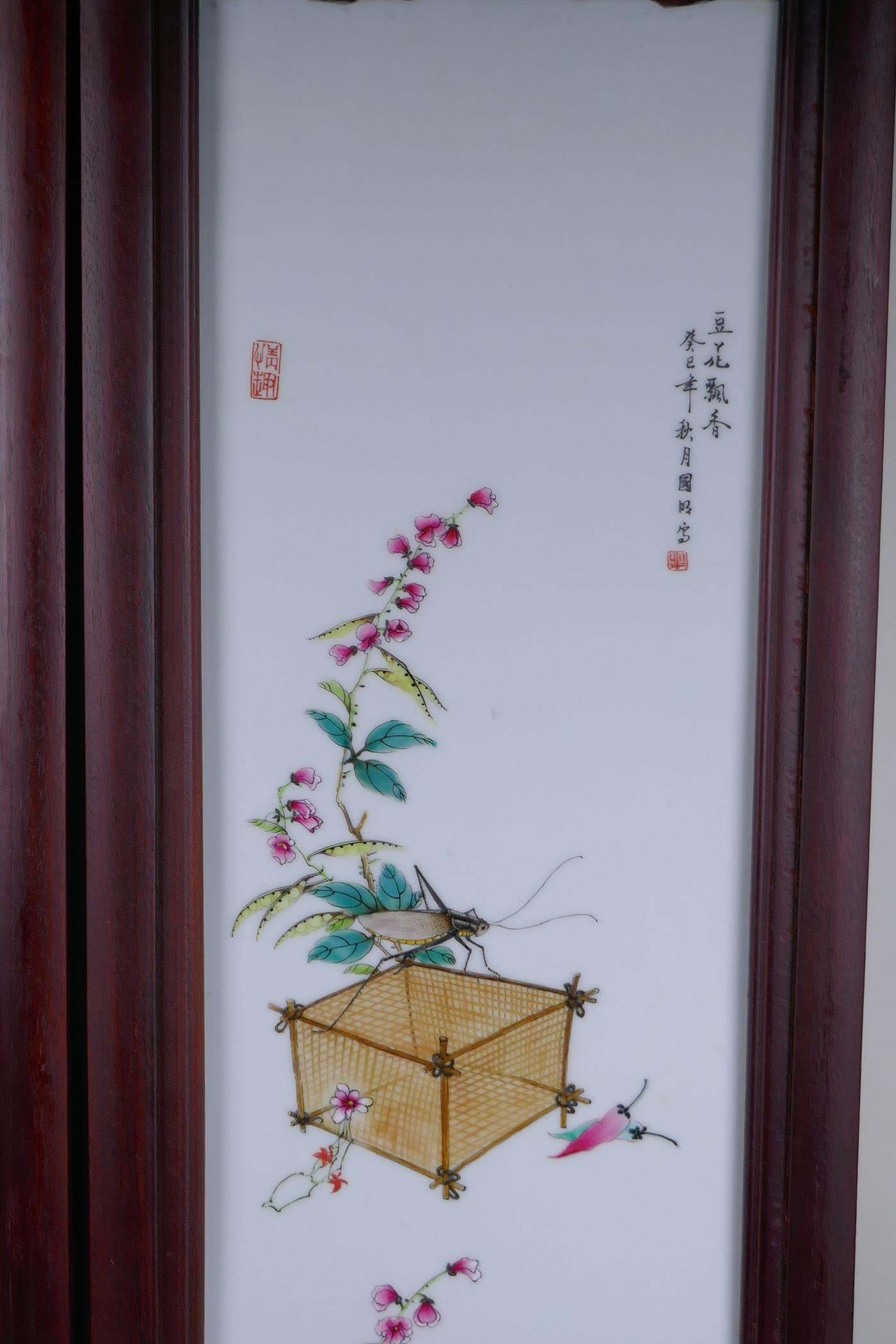 A pair of Chinese Republic style porcelain panels with polychrome insect and flower decoration, in - Image 6 of 8