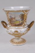 A C19th Derby porcelain urn shaped two handled pedestal vase with painted landscape decoration, 17cm