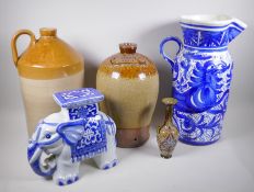 A C19th stoneware cider bottle for the Crown & Anchor, Leicester, a stoneware 3 gallon beer jar, a