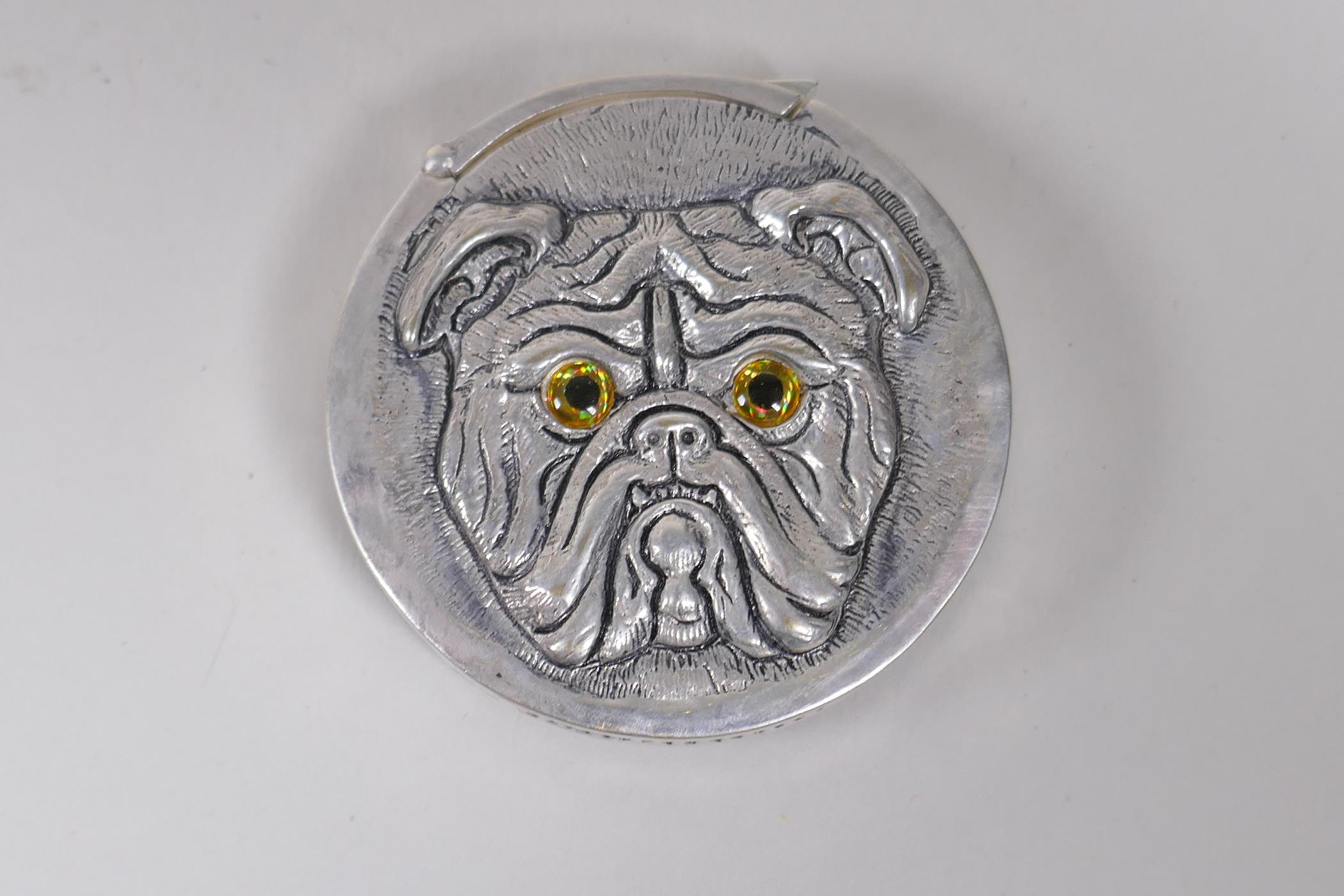A silver plated bulldog vesta case, 4cm diameter