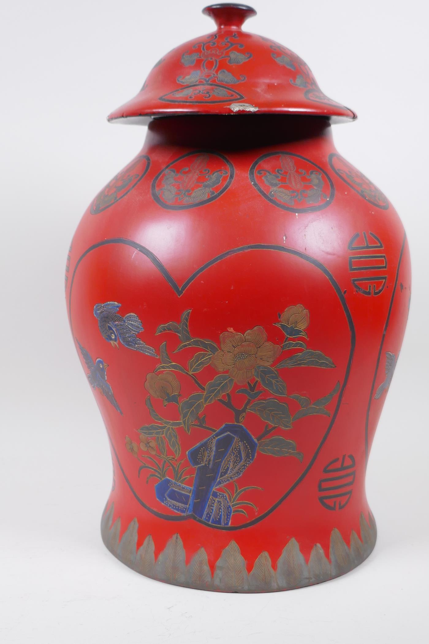 A Chinese lacquered jar and cover decorated with birds amongst flowering trees, and symbols, 41cm - Image 2 of 4