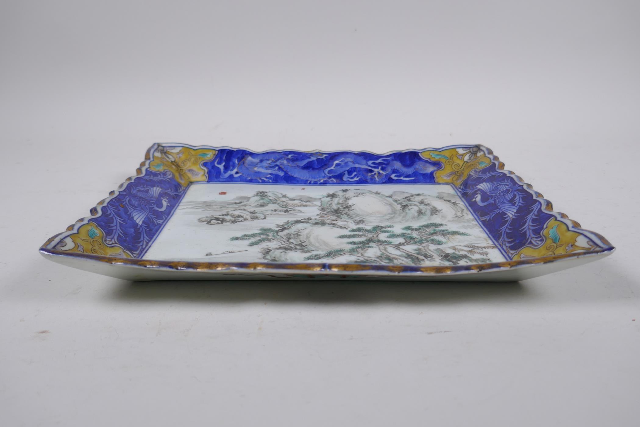 A late C19th/early C20th Chinese export ware porcelain dish, with gilt lobed rim, decorative famille - Image 5 of 7