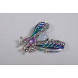 A 925 silver and plique a jour brooch in the form of a fly, set with an amethyst cabochon, 4cm