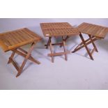 A pair of wood garden tables, 46 x 46 x 48cm, and another similar