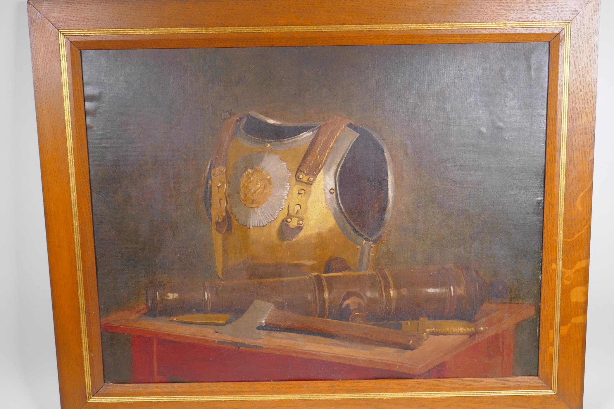 A still life with armour and a cannon, C19th oil on board, 51 x 67cm - Image 3 of 3